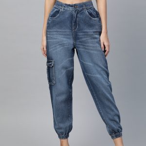 SASSAFRAS Women Blue Pure Cotton Jogger High-Rise Non-Stretchable Clean Look Jeans