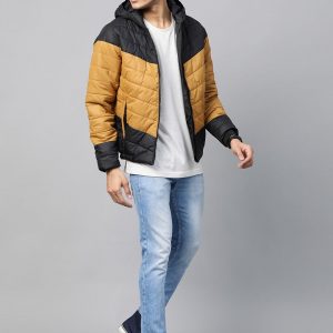 Roadster Men Mustard Yellow & Black Colourblocked Hooded Padded Jacket-12111616