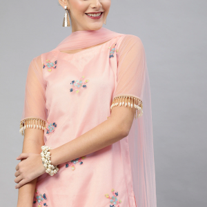 Inddus Women Pink & Blue Embroidered Kurta with Sharara & Dupatta