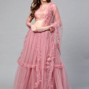 Inddus Women Dusty Pink Solid Semi-Stitched Lehenga & Unstitched Blouse with Dupatta